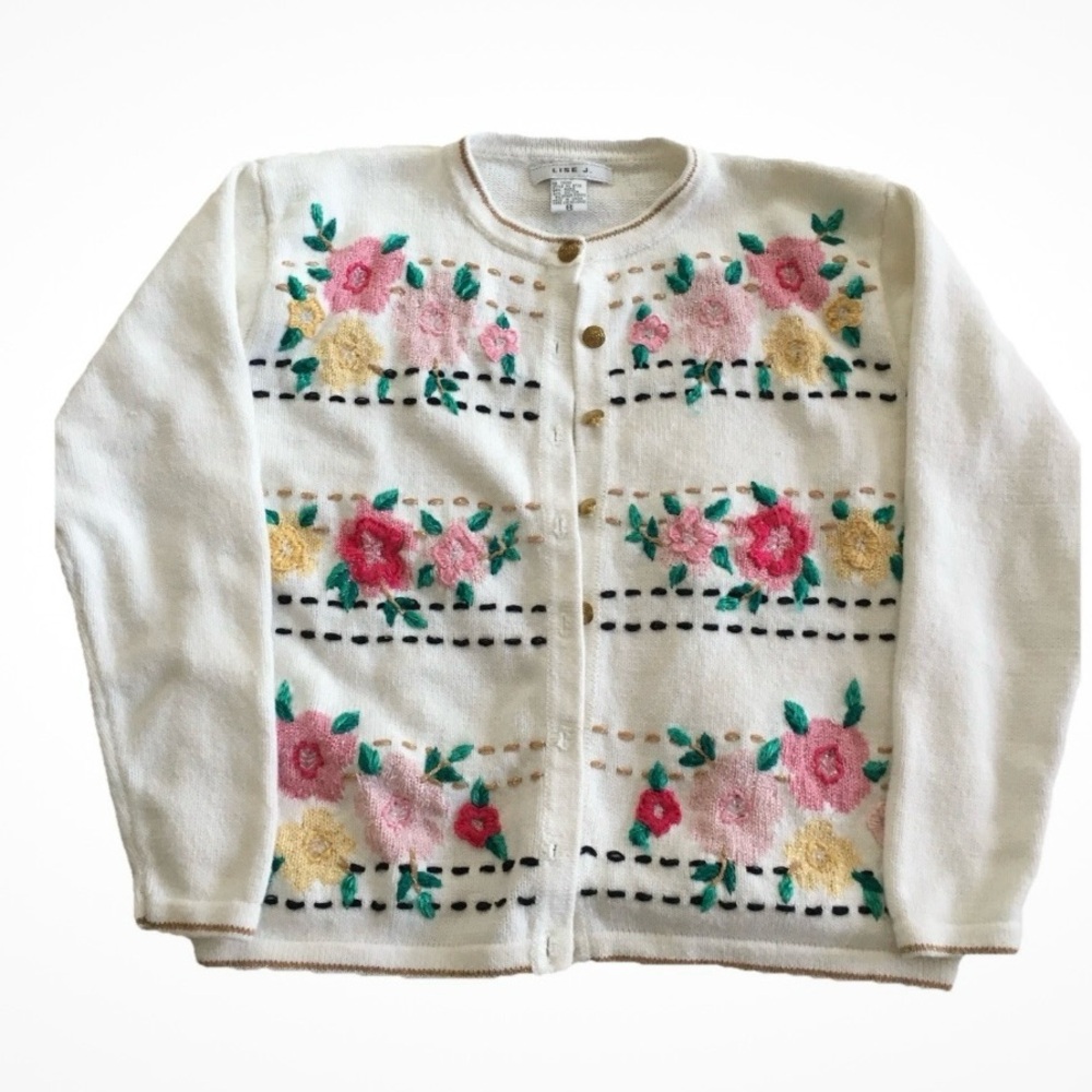 Vintage Lise J. Embroidered Floral Sweater Cardigan Size M